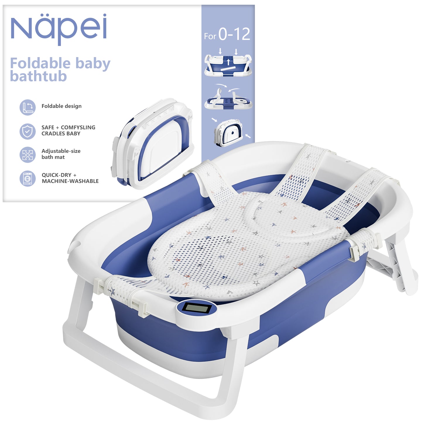 Napei Collapsible Baby Bathtub for Infants and Toddlers, with Bath Net and Thermometer