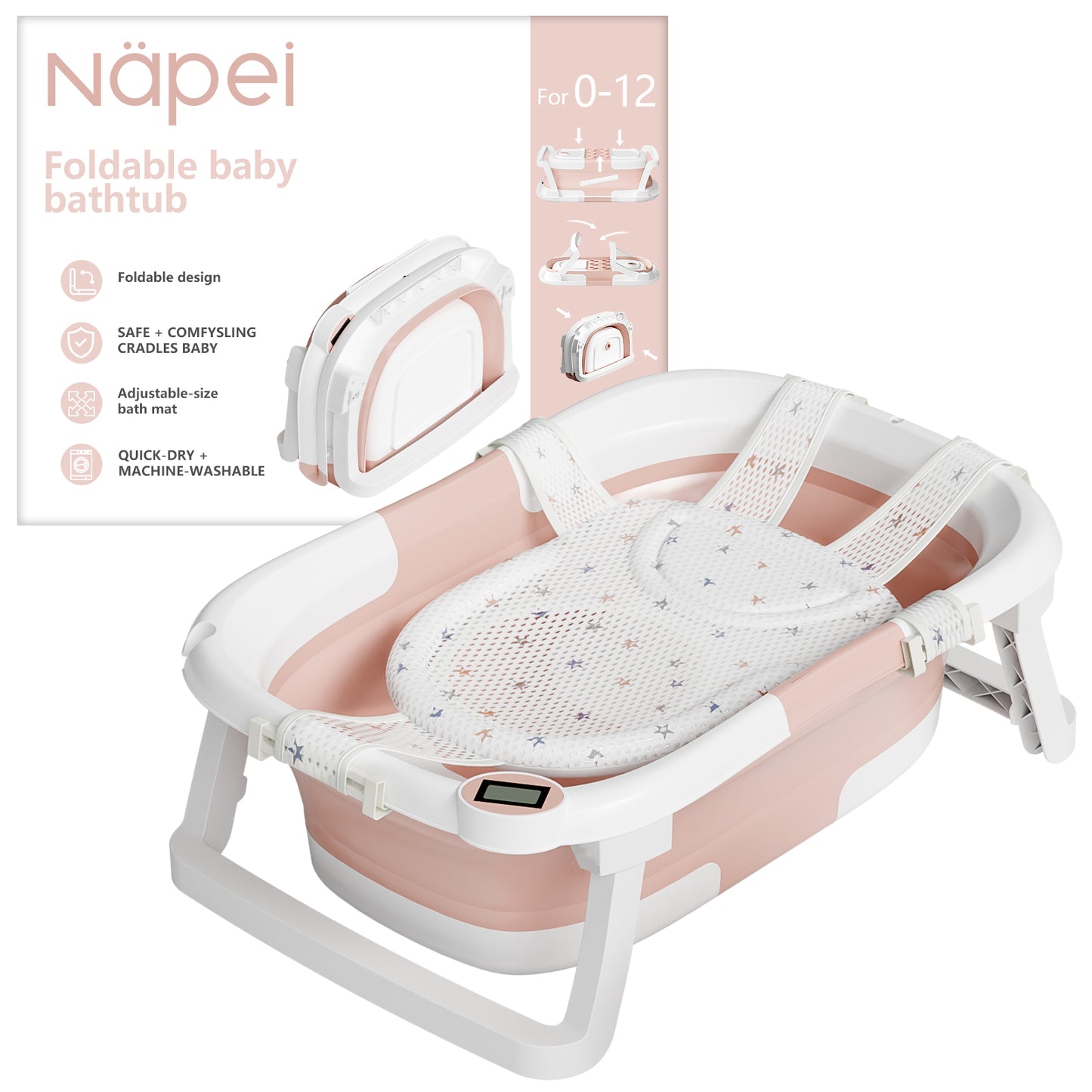 Napei Collapsible Baby Bathtub for Infants and Toddlers, with Bath Net and Thermometer
