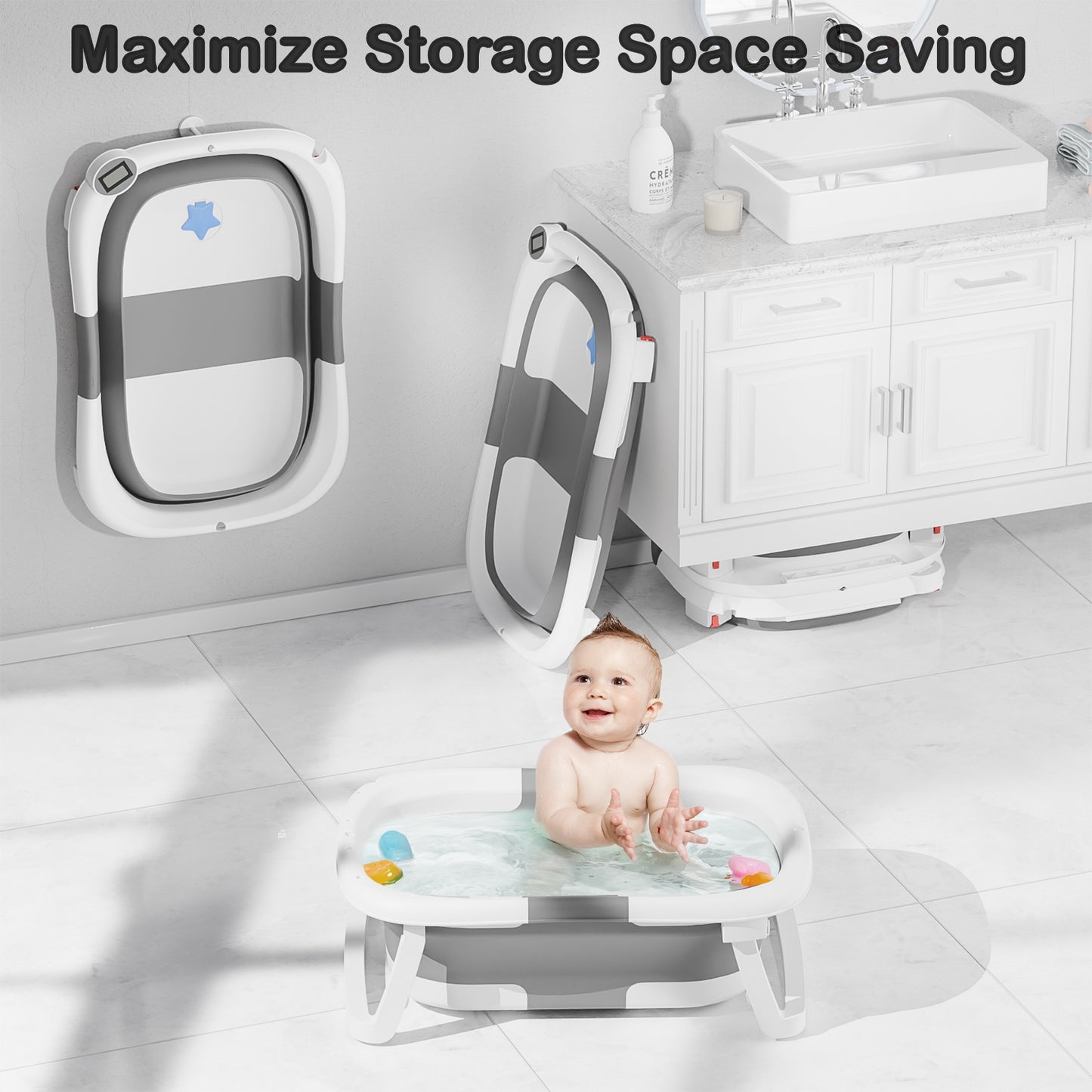 Napei Collapsible Baby Bathtub for Infants and Toddlers, with Bath Net and Thermometer