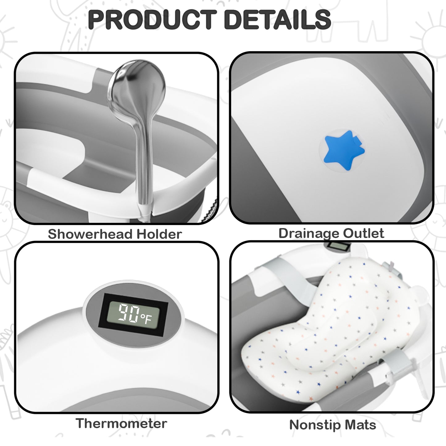 Napei Collapsible Baby Bathtub for Infants and Toddlers, with Bath Net and Thermometer