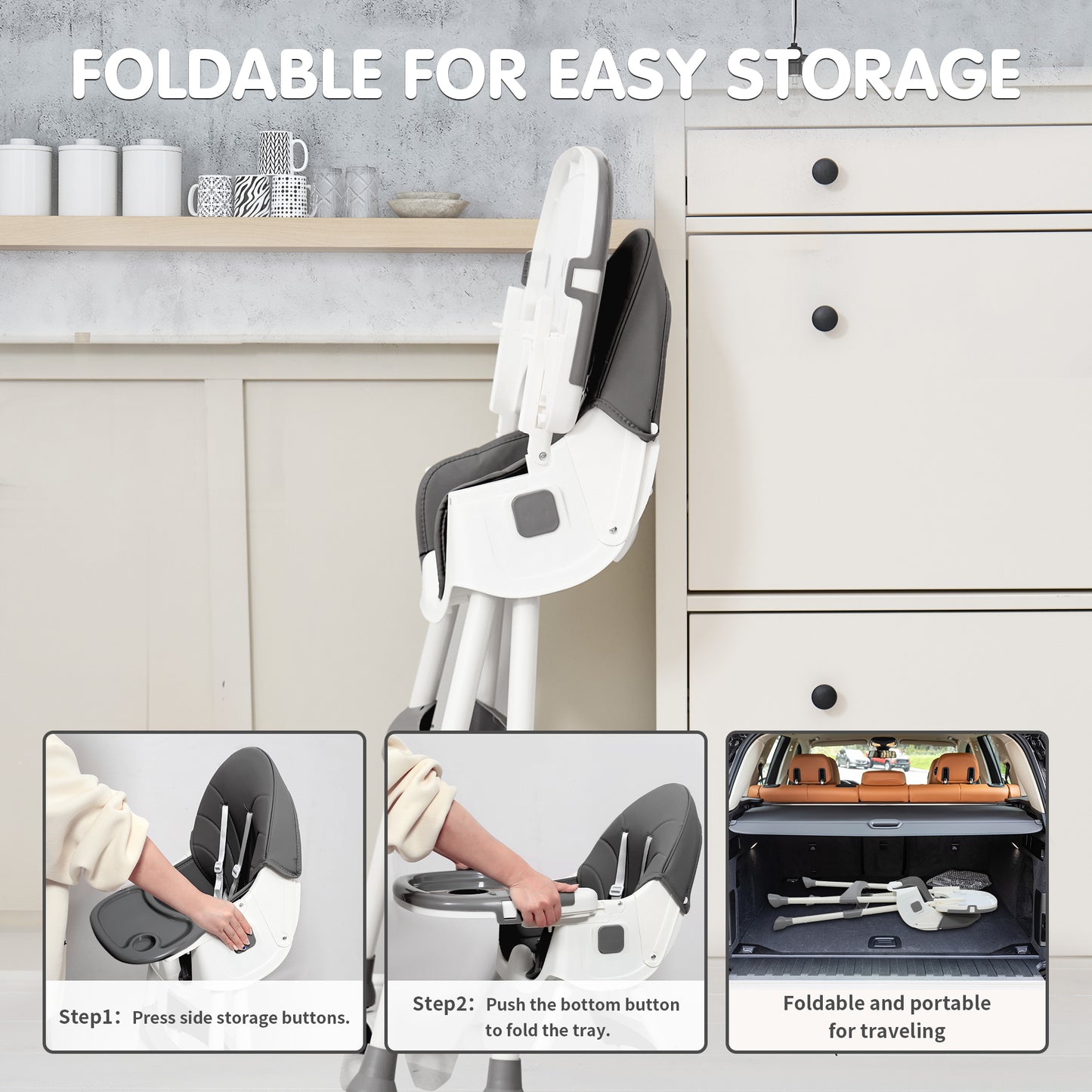 Napei 6- in -1 Baby High Chair with 5 -Point Safety Harness and Adjustable Dining Tray,Foldable High Chair for Space-Saving