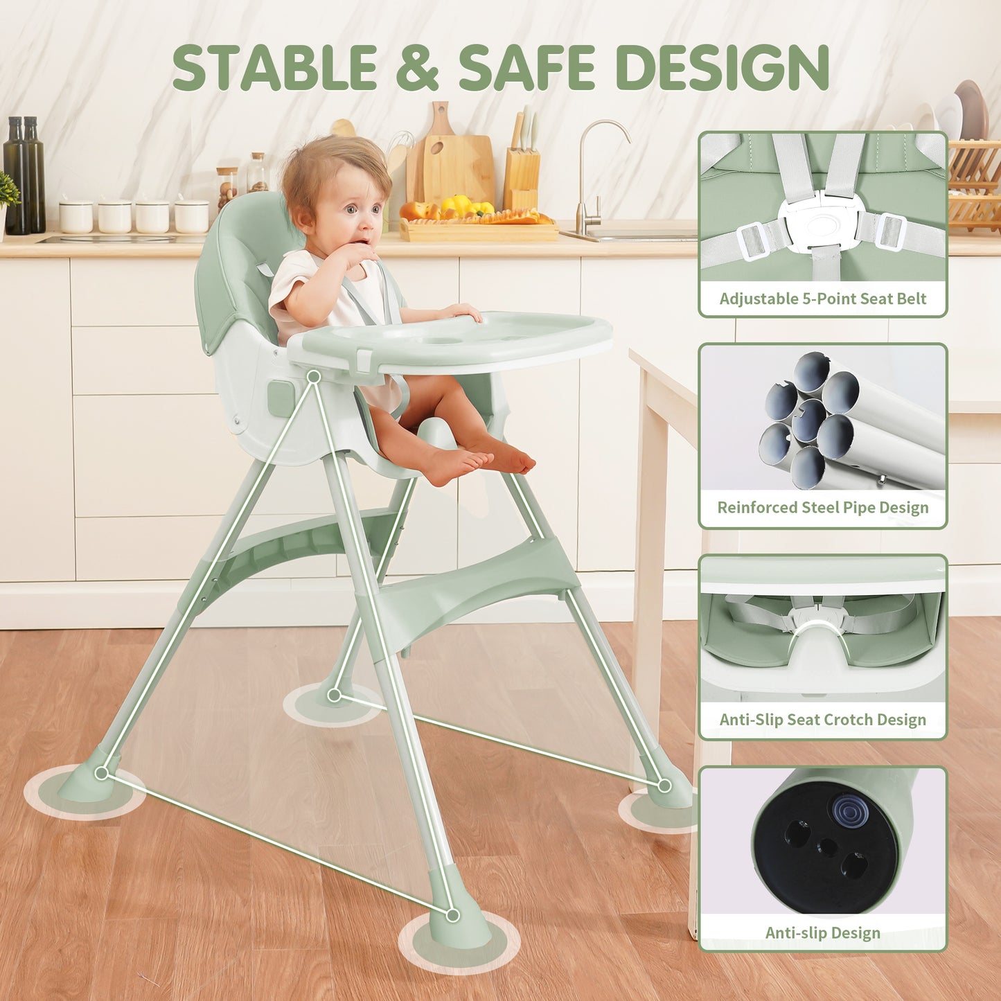 Napei 6- in -1 Baby High Chair with 5 -Point Safety Harness and Adjustable Dining Tray,Foldable High Chair for Space-Saving